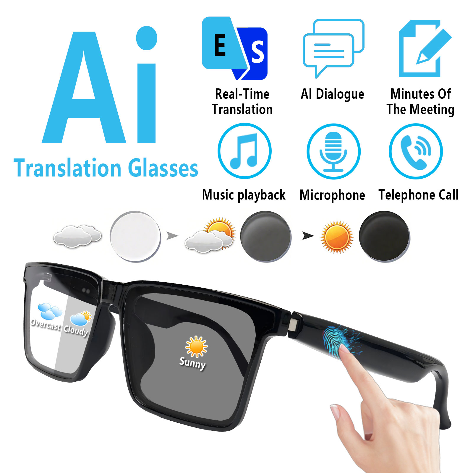 Audio Music Voice - Smarte Audio-Brille mit Echtzeit-Übersetzung, Hi-Fi-Musikwiedergabe, Geräuschunterdrückung